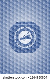 megaphone icon inside blue emblem or badge with abstract geometric polygonal pattern background.