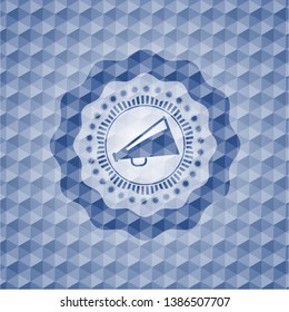 megaphone icon inside blue emblem with geometric background.