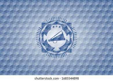 megaphone icon inside blue emblem or badge with abstract geometric pattern background.