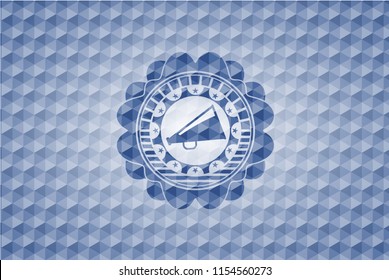 megaphone icon inside blue polygonal emblem.