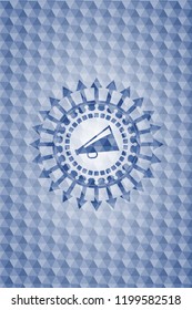 megaphone icon inside blue polygonal emblem.