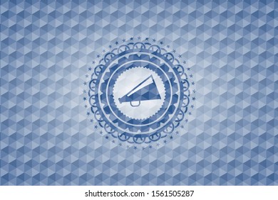 megaphone icon inside blue polygonal emblem.