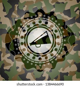 megaphone icon inside camouflaged emblem