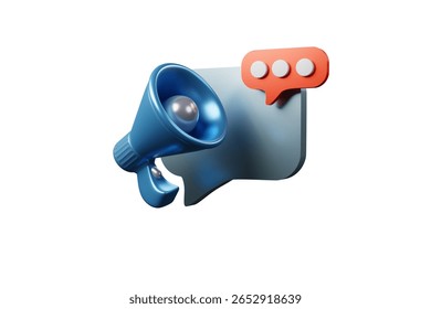 Ícone de Megaphone dentro da caixa de fala de bate-papo está anunciando comunicação símbolo de renderização 3D.