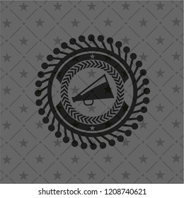 megaphone icon inside dark emblem. Retro