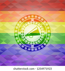 megaphone icon inside emblem on mosaic background with the colors of the LGBT flag