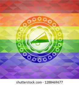 megaphone icon inside emblem on mosaic background with the colors of the LGBT flag