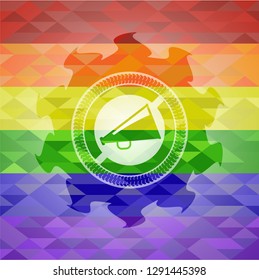 megaphone icon inside emblem on mosaic background with the colors of the LGBT flag