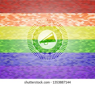 megaphone icon inside emblem on mosaic background with the colors of the LGBT flag