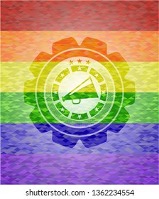 megaphone icon inside emblem on mosaic background with the colors of the LGBT flag