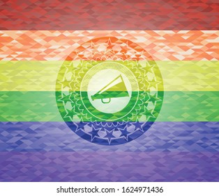 megaphone icon inside emblem on mosaic background with the colors of the LGBT flag