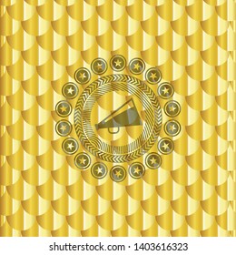 megaphone icon inside gold shiny emblem. Scales pattern. Vector Illustration. Detailed.