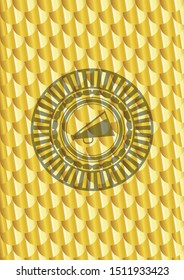 megaphone icon inside gold shiny emblem. Scales pattern. Vector Illustration. Detailed.