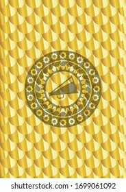 megaphone icon inside gold shiny badge. Scales pattern. Vector Illustration. Detailed.