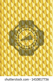 megaphone icon inside golden badge or emblem. Scales pattern. Vector Illustration. Detailed.