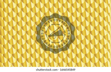 megaphone icon inside golden emblem. Scales pattern. Vector Illustration. Detailed.