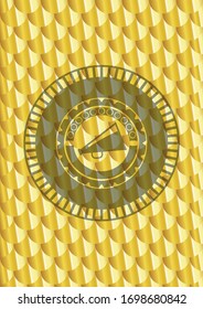 megaphone icon inside golden emblem. Scales pattern. Vector Illustration. Detailed.