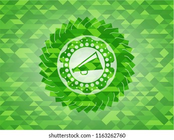 megaphone icon inside green emblem with mosaic background