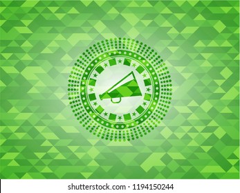 megaphone icon inside green emblem. Mosaic background