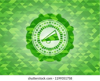 megaphone icon inside green emblem with triangle mosaic background