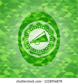 megaphone icon inside green emblem with triangle mosaic background