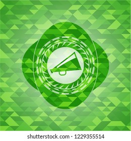 megaphone icon inside green emblem with mosaic background