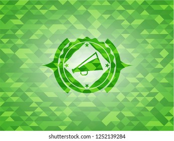 megaphone icon inside green emblem with mosaic background