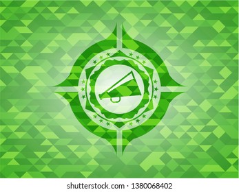 megaphone icon inside green emblem with triangle mosaic background