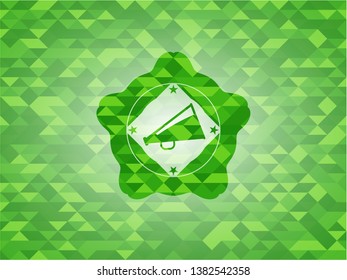 megaphone icon inside green emblem. Mosaic background