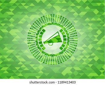 megaphone icon inside green mosaic emblem
