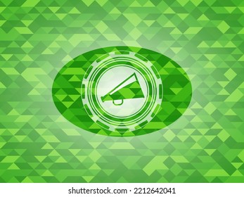 megaphone icon inside green mosaic emblem. 