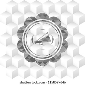 megaphone icon inside grey badge with geometric cube white background