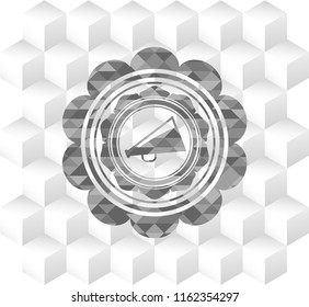megaphone icon inside grey badge with geometric cube white background