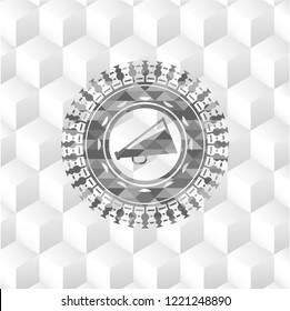 megaphone icon inside grey badge with geometric cube white background