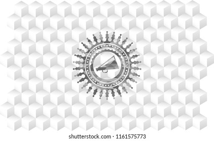 megaphone icon inside grey emblem with geometric cube white background