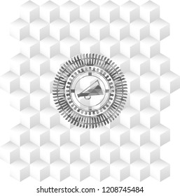 megaphone icon inside grey emblem with geometric cube white background