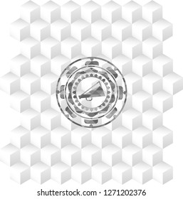 megaphone icon inside grey icon or emblem with geometric cube white background