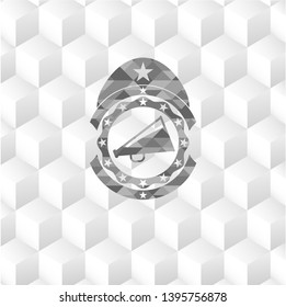 megaphone icon inside grey emblem. Retro with geometric cube white background
