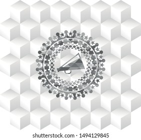 megaphone icon inside grey emblem with cube white background
