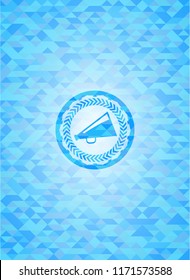 megaphone icon inside light blue emblem with triangle mosaic background