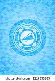 megaphone icon inside light blue emblem. Mosaic background