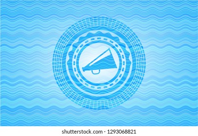 megaphone icon inside light blue water badge background.