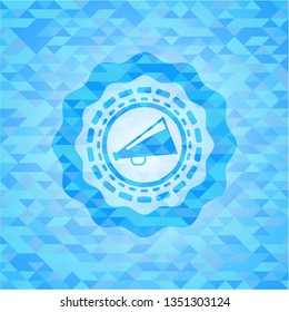 megaphone icon inside light blue emblem. Mosaic background