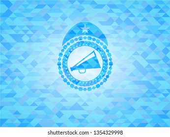 megaphone icon inside light blue mosaic emblem