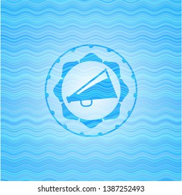 megaphone icon inside light blue water wave badge background.