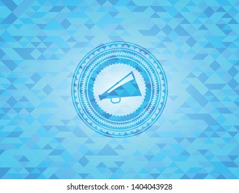 megaphone icon inside light blue emblem with mosaic background