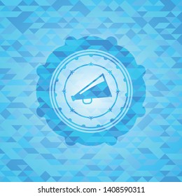 megaphone icon inside light blue emblem with triangle mosaic background