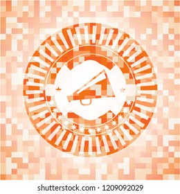 megaphone icon inside orange mosaic emblem