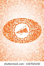 megaphone icon inside orange tile background illustration. Square geometric mosaic seamless pattern with emblem inside.