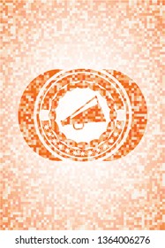 megaphone icon inside orange tile background illustration. Square geometric mosaic seamless pattern with emblem inside.